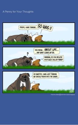 Frodo the Sheltie dog comic strip: Frodo and his Cousin Baiana are at her farm laying in the meadow talking about the meaning of life