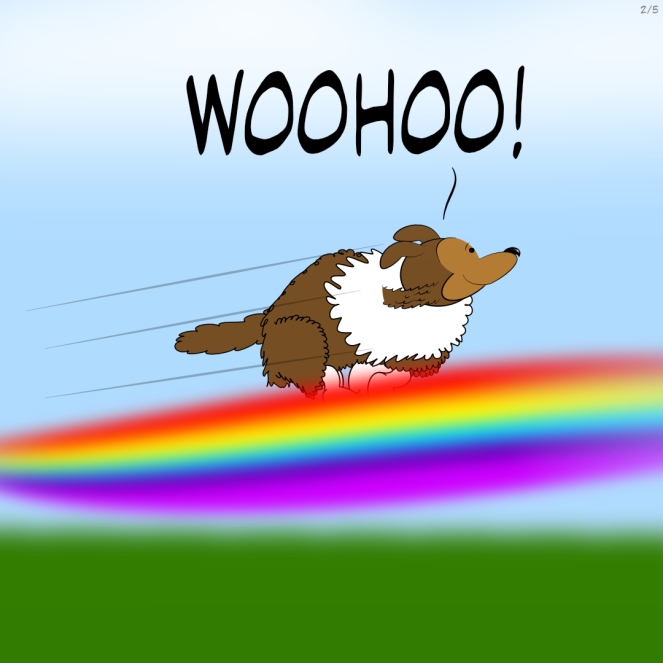 Panel 2 of 5: Frodo the Sheltie leaps up with excitement and runs towards Shep, his paws now landing on a vibrant rainbow bridge that fills him with joy. The colors of the rainbow intensify with every step he takes, filling the surroundings with a warm and inviting glow. Frodo can't help but let out a joyful, "Woohoo!" as he runs towards Shep, eager to reach his beloved master.
