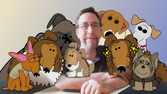 This image is of comic strip illustrator Gordon Bagshaw for the DOG LAUGHS website. it features Gord sitting with his digital pen surrounded by all the characters he has created for the strip, Frodo, Wendy, Nina, Baiana, Luke, Bella, Amarela and George